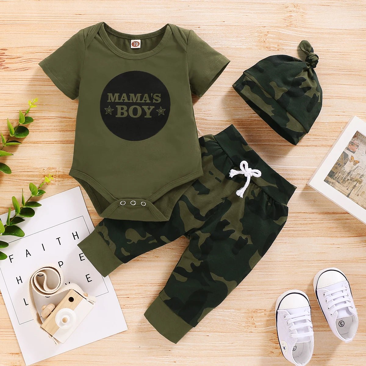 0 - 18 Months Newborn Baby Boy Clothes Set Letter Print Short Sleeve Bodysuit+Camouflage Pants+Hat 3PCS Toddler Boy Summer Outfits - Baby Store