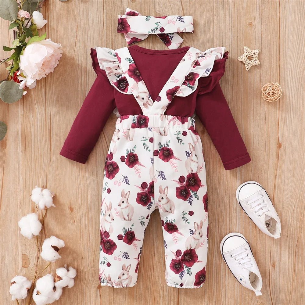 0 - 18Months Baby Girl Clothes Set Red Color Long Sleevs Bodysuit + Flower Strap Pants 2PCS Infant Girl New Years Clothing Suit - Baby Store