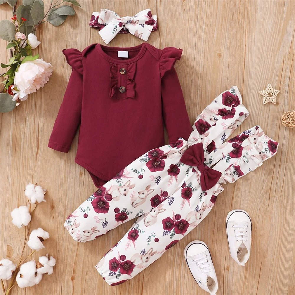 0 - 18Months Baby Girl Clothes Set Red Color Long Sleevs Bodysuit + Flower Strap Pants 2PCS Infant Girl New Years Clothing Suit - Baby Store