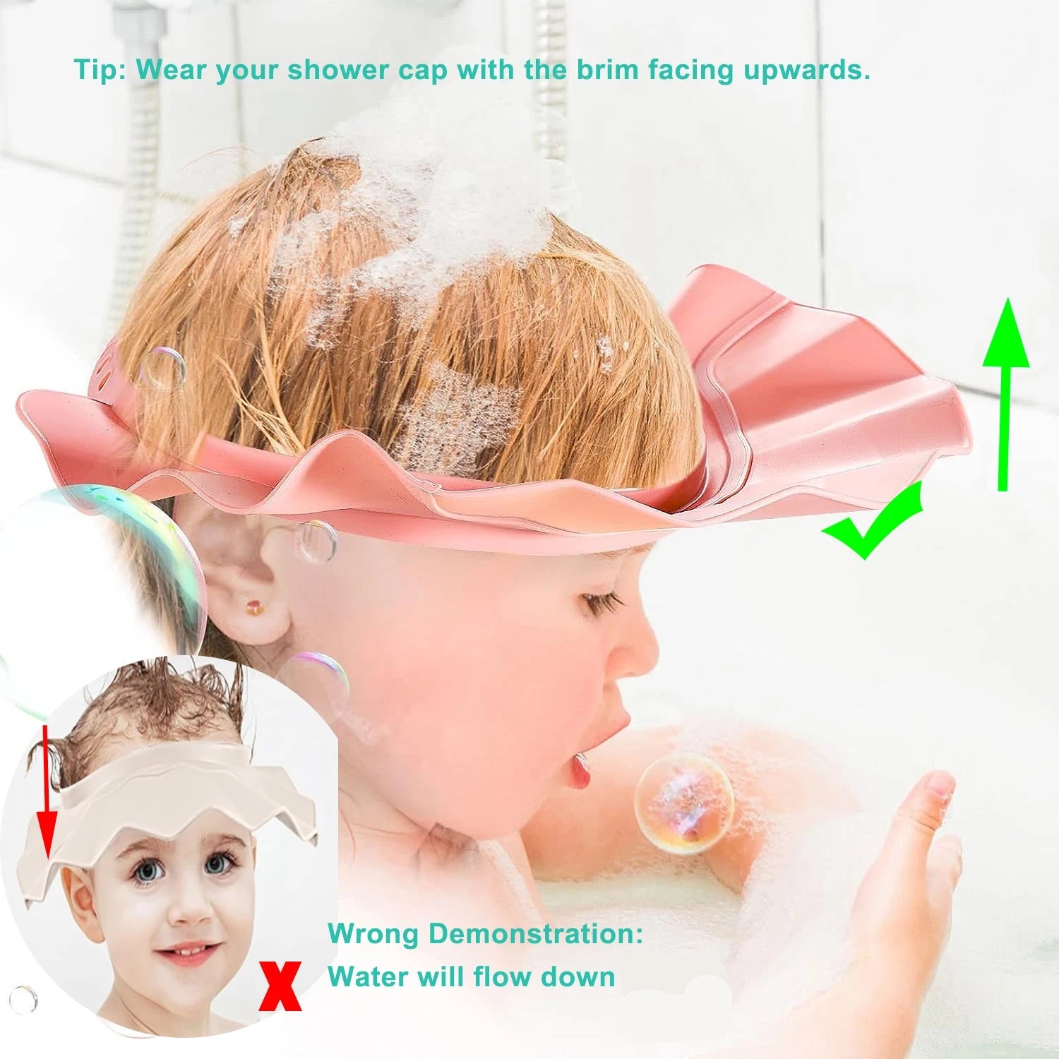 1pc Baby Adjustable Shower Cap Ear Protection Safe Shampoo Bathing Soft Hat Tpe Material Reusable Multi-Functional Sun Hat
