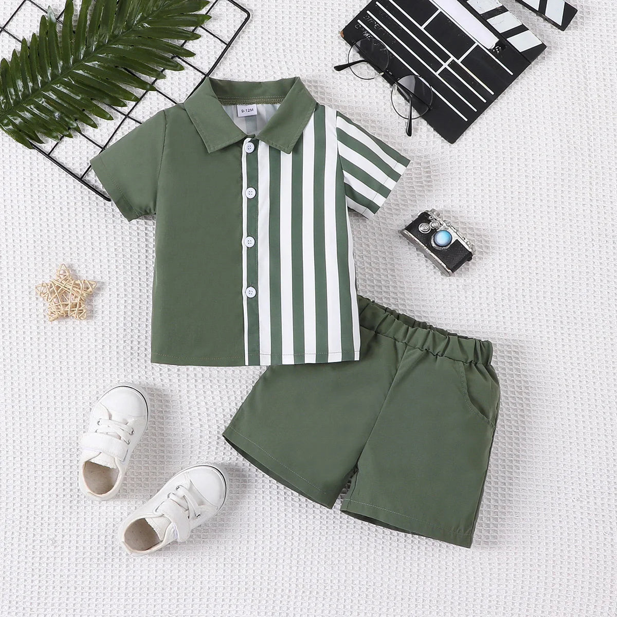 2 - piece set of fashionable and casual solid color splicing short sleeved shirt top and shorts for baby boys, summer - Baby Store