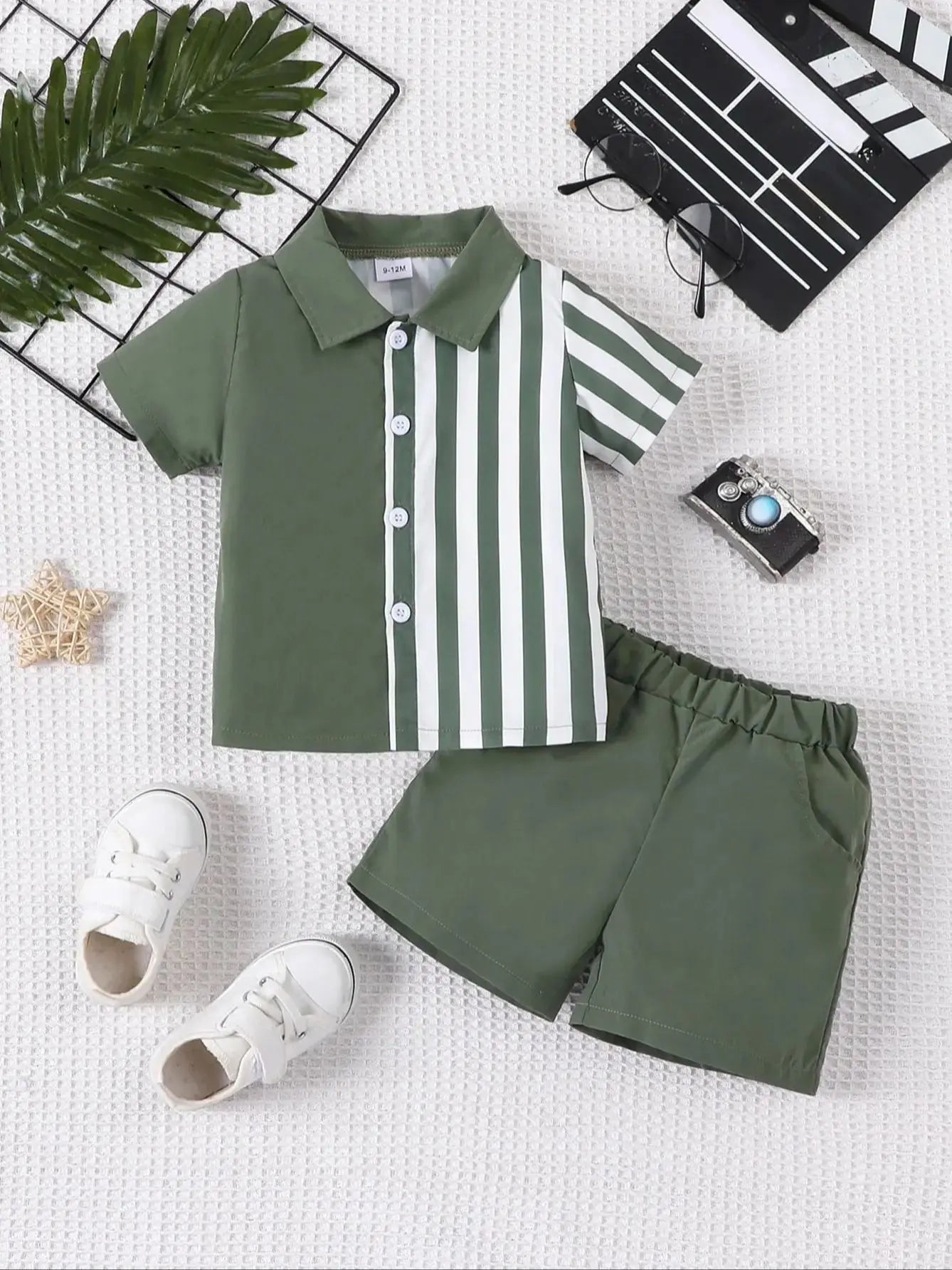 2 - piece set of fashionable and casual solid color splicing short sleeved shirt top and shorts for baby boys, summer - Baby Store