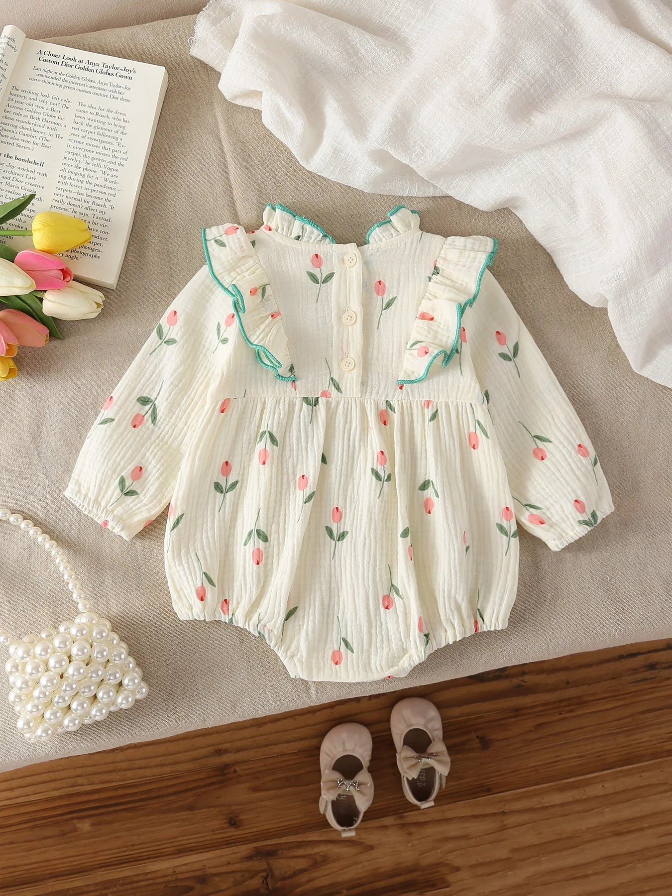 2025 Autumn New Baby Girls Clothes Tulip Print Infant Bodysuits &One Piece Infant Rufflle Outfit