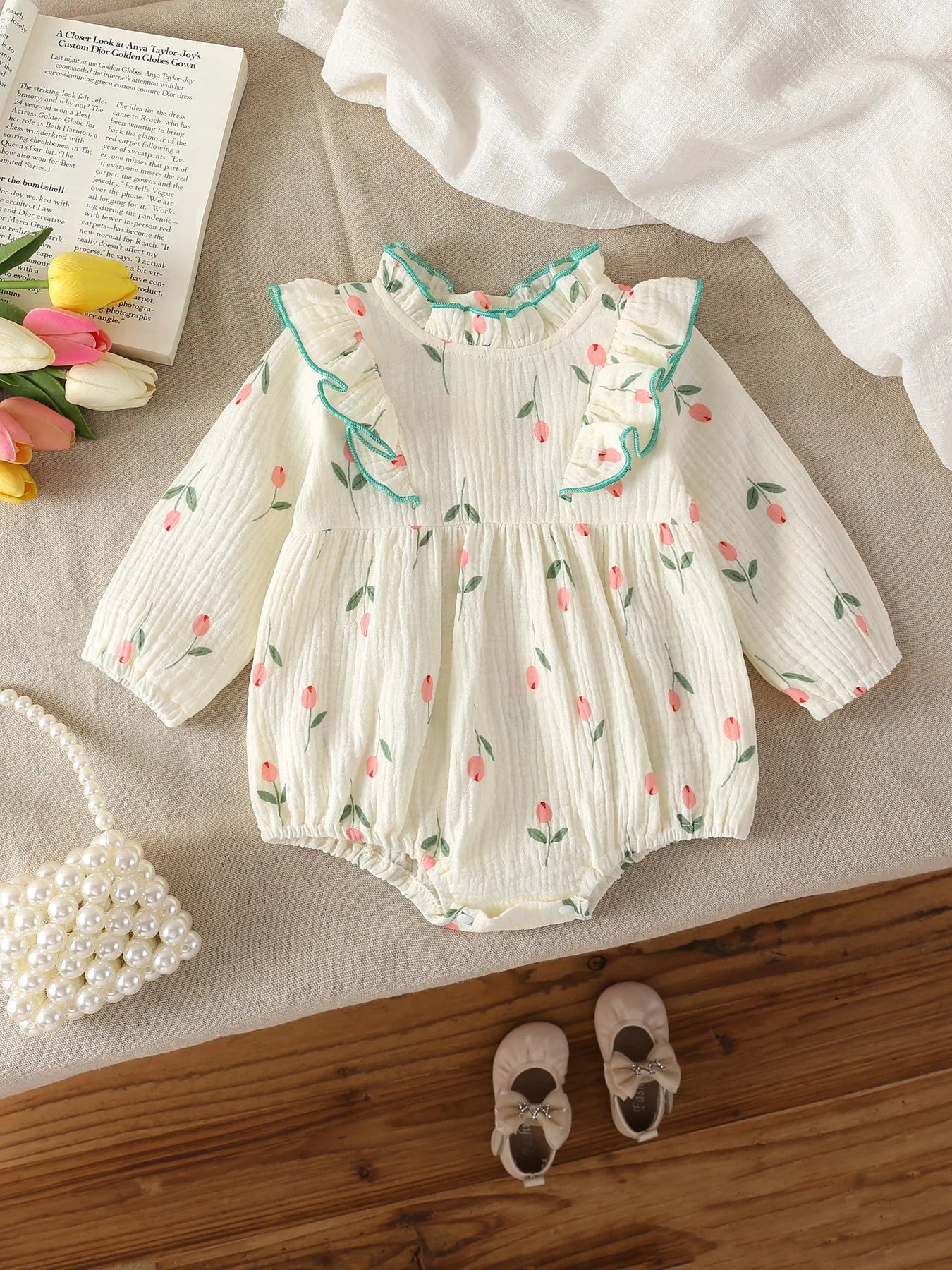 2025 Autumn New Baby Girls Clothes Tulip Print Infant Bodysuits &One Piece Infant Rufflle Outfit - Baby Store