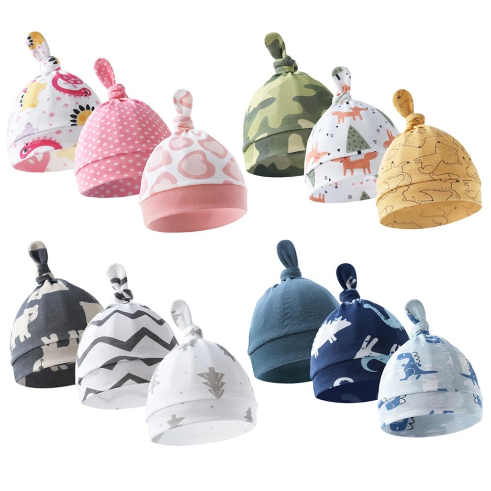 3Pcs Newborn Hat 100% Cotton Cartoon Print Infant Bonnet Hat Baby Beanie for Girls Boys Toddler Cap Newborn Gift 0 - 6M - Baby Store