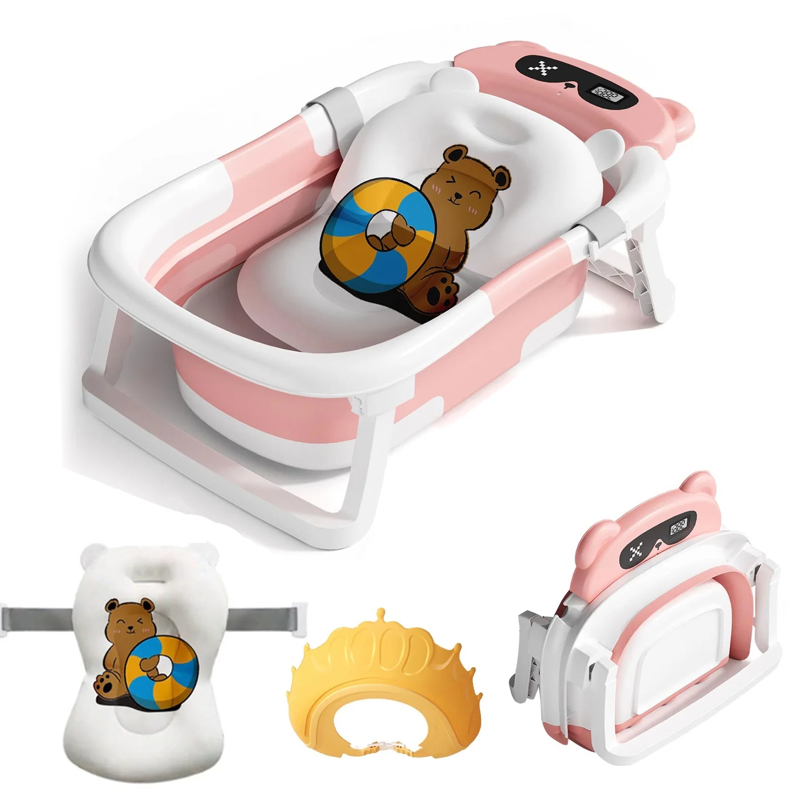 Baby Bath Tub with Bath Cushion Foldable Bathtub with Thermometer Shower Cap Shower Brush for Newborn and Toddler 0 - 36 Months - Baby Store