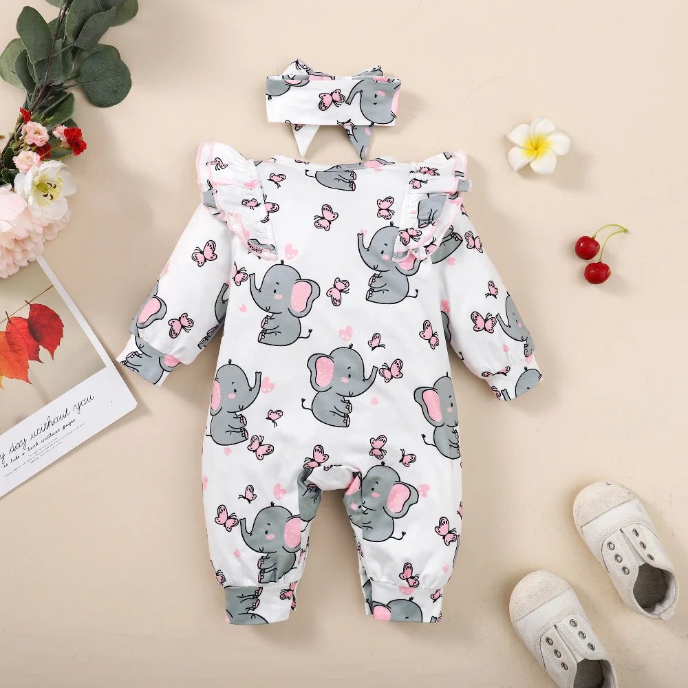 Baby Girl Romper Long Sleeve Cute Elephant Bodysuit+Headband Casual Bodysuit for Toddler Girl 0 - 18Months Clothes - Baby Store