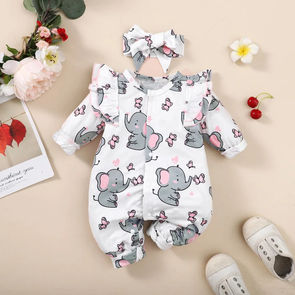 Baby Girl Romper Long Sleeve Cute Elephant Bodysuit+Headband Casual Bodysuit for Toddler Girl 0 - 18Months Clothes - Baby Store