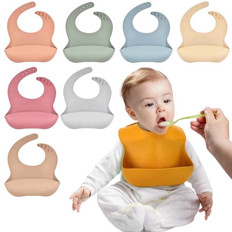 Baby Silicone Bib Waterproof Soft Solid Color 4 - speed Adjustable Bibs Newborn Lunch Feeding Saliva Pocke Kids Eating Accessories - Baby Store
