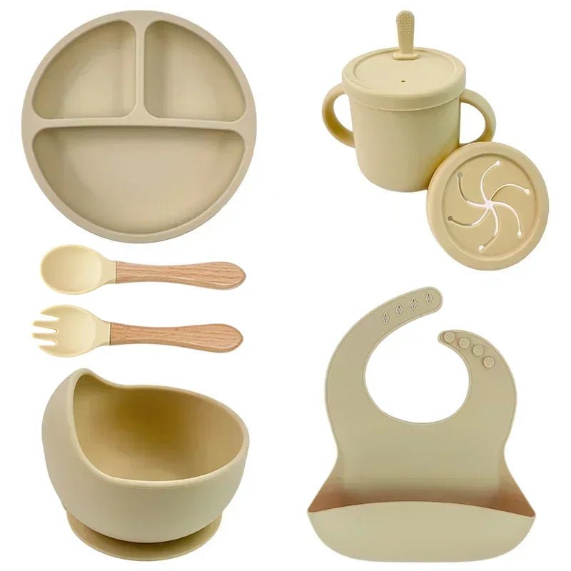 Food Grade Silicone Child Dish Set Baby Feeding Bowl Suction Plate Straw Cup Wooden Spoon Fork for Kids Tableware Toddler Dishes - Baby Store