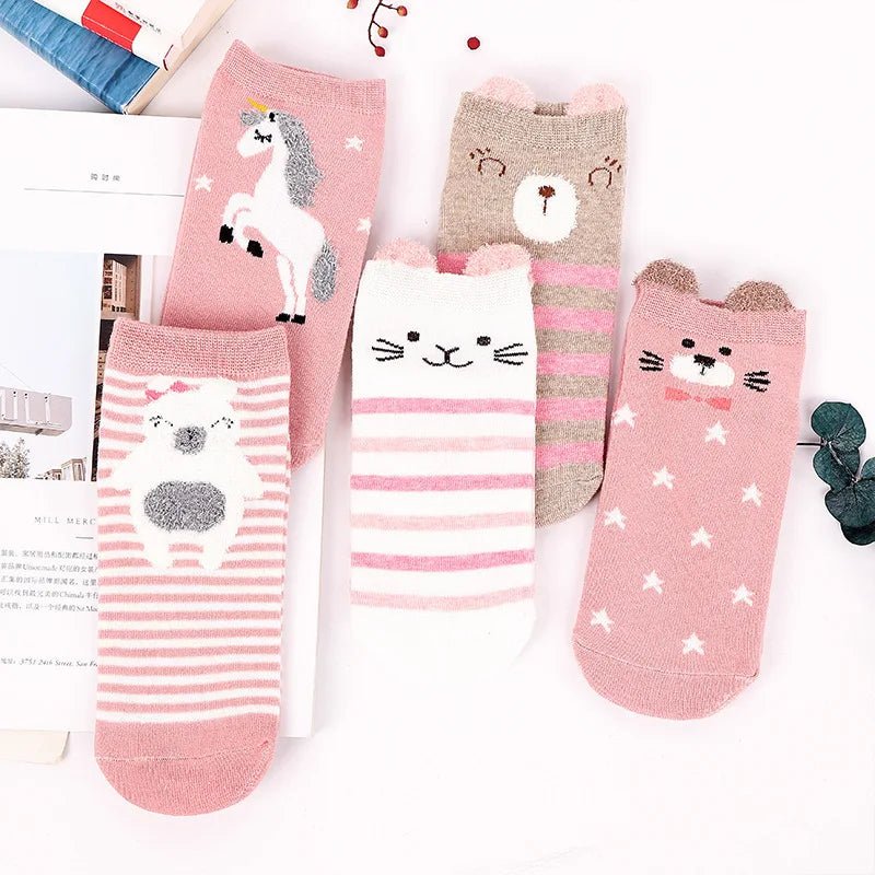 Kawaii Cute Socks Set for Women 5 Pairs Harajuku Lovely Cartoon Animal Printed Cotton Socks Girls Meias Frilly Ladies Female