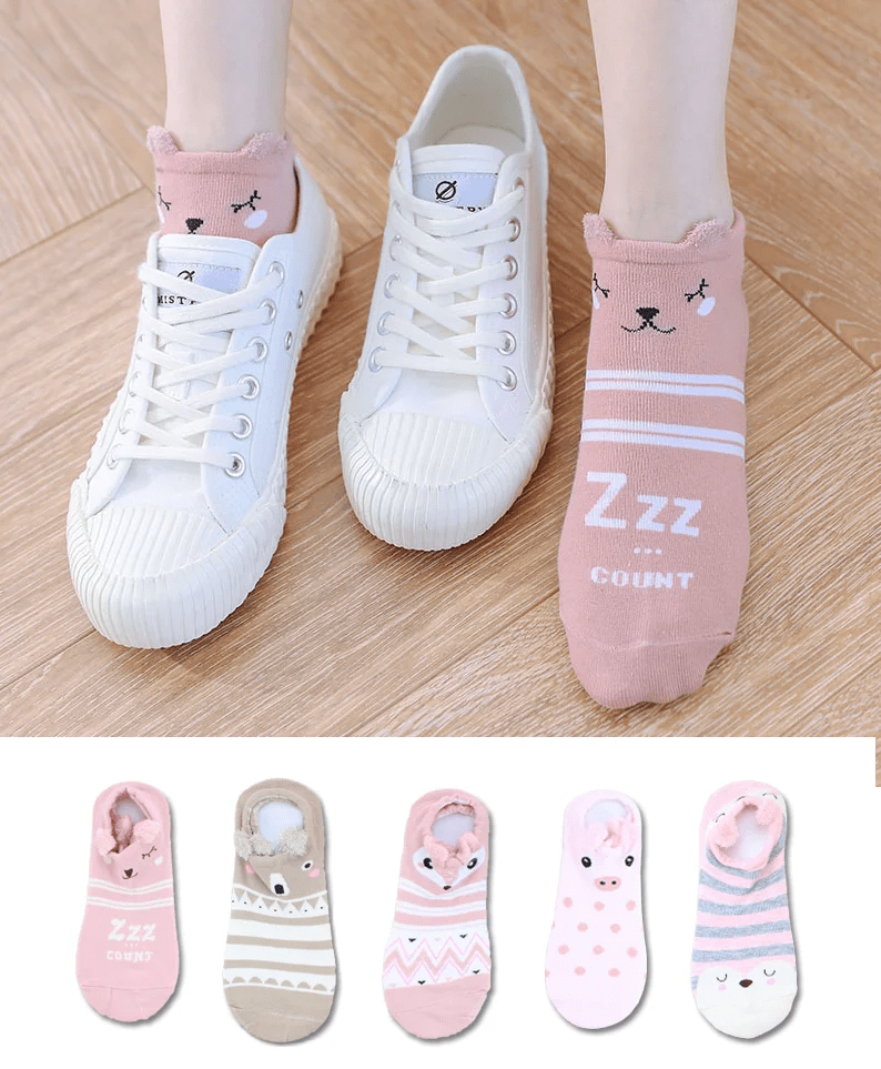 Kawaii Cute Socks Set for Women 5 Pairs Harajuku Lovely Cartoon Animal Printed Cotton Socks Girls Meias Frilly Ladies Female