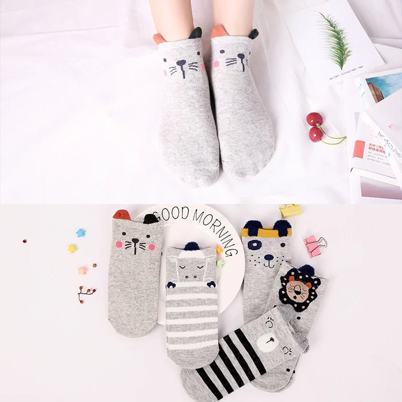 Kawaii Cute Socks Set for Women 5 Pairs Harajuku Lovely Cartoon Animal Printed Cotton Socks Girls Meias Frilly Ladies Female