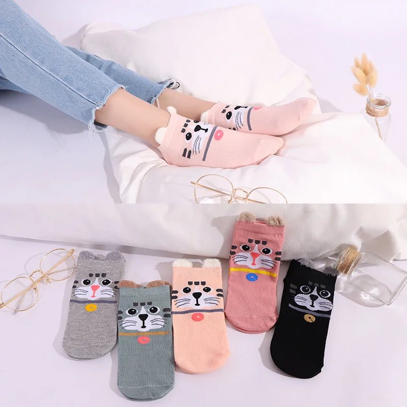 Kawaii Cute Socks Set for Women 5 Pairs Harajuku Lovely Cartoon Animal Printed Cotton Socks Girls Meias Frilly Ladies Female
