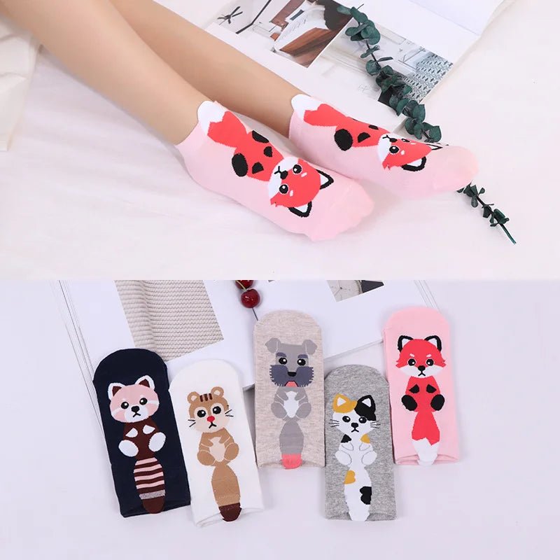 Kawaii Cute Socks Set for Women 5 Pairs Harajuku Lovely Cartoon Animal Printed Cotton Socks Girls Meias Frilly Ladies Female