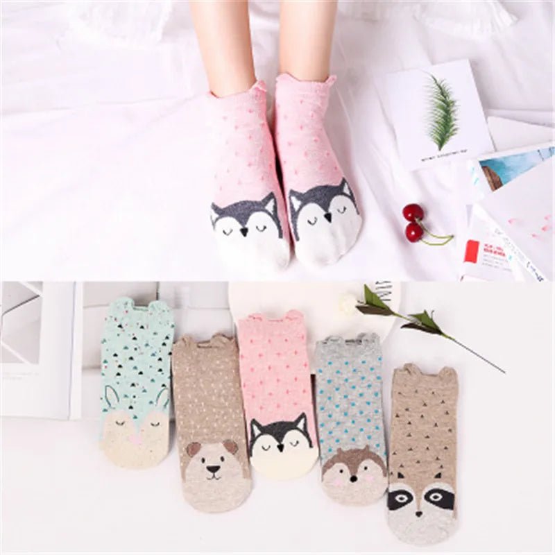 Kawaii Cute Socks Set for Women 5 Pairs Harajuku Lovely Cartoon Animal Printed Cotton Socks Girls Meias Frilly Ladies Female