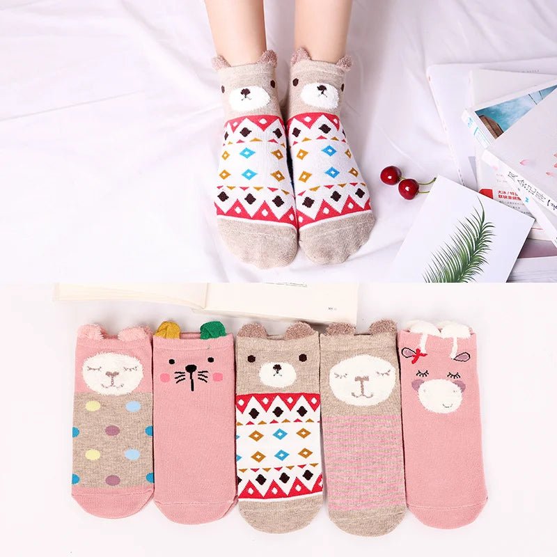 Kawaii Cute Socks Set for Women 5 Pairs Harajuku Lovely Cartoon Animal Printed Cotton Socks Girls Meias Frilly Ladies Female