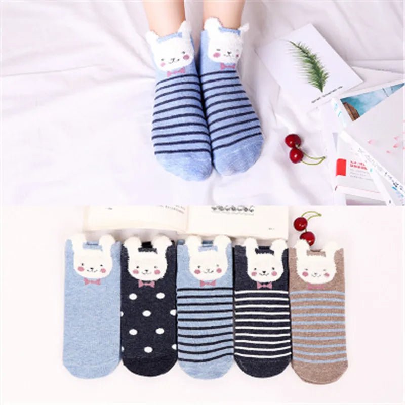 Kawaii Cute Socks Set for Women 5 Pairs Harajuku Lovely Cartoon Animal Printed Cotton Socks Girls Meias Frilly Ladies Female