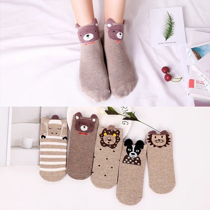 Kawaii Cute Socks Set for Women 5 Pairs Harajuku Lovely Cartoon Animal Printed Cotton Socks Girls Meias Frilly Ladies Female