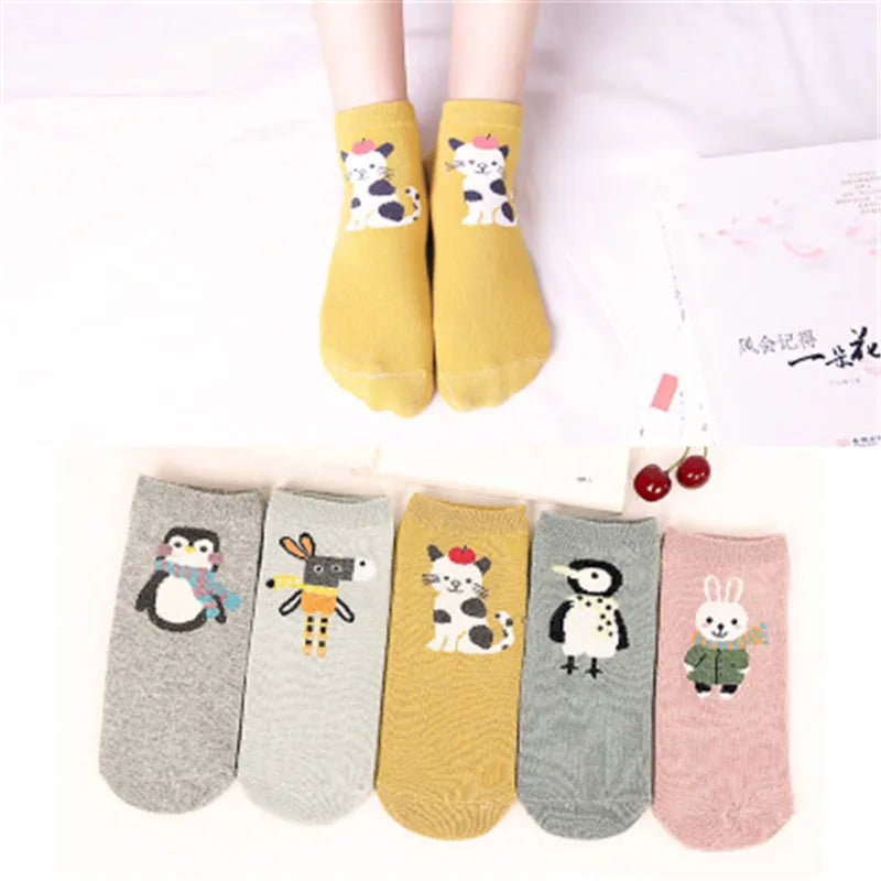 Kawaii Cute Socks Set for Women 5 Pairs Harajuku Lovely Cartoon Animal Printed Cotton Socks Girls Meias Frilly Ladies Female