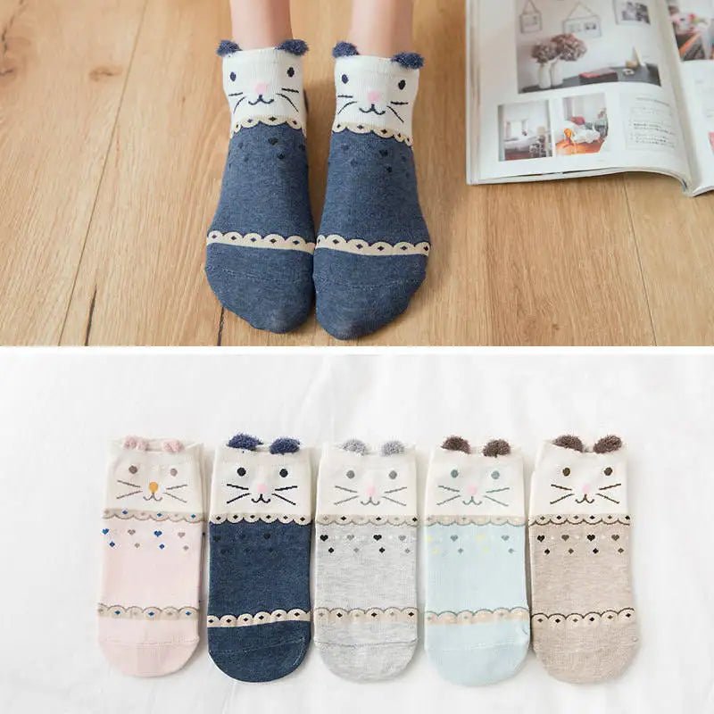 Kawaii Cute Socks Set for Women 5 Pairs Harajuku Lovely Cartoon Animal Printed Cotton Socks Girls Meias Frilly Ladies Female