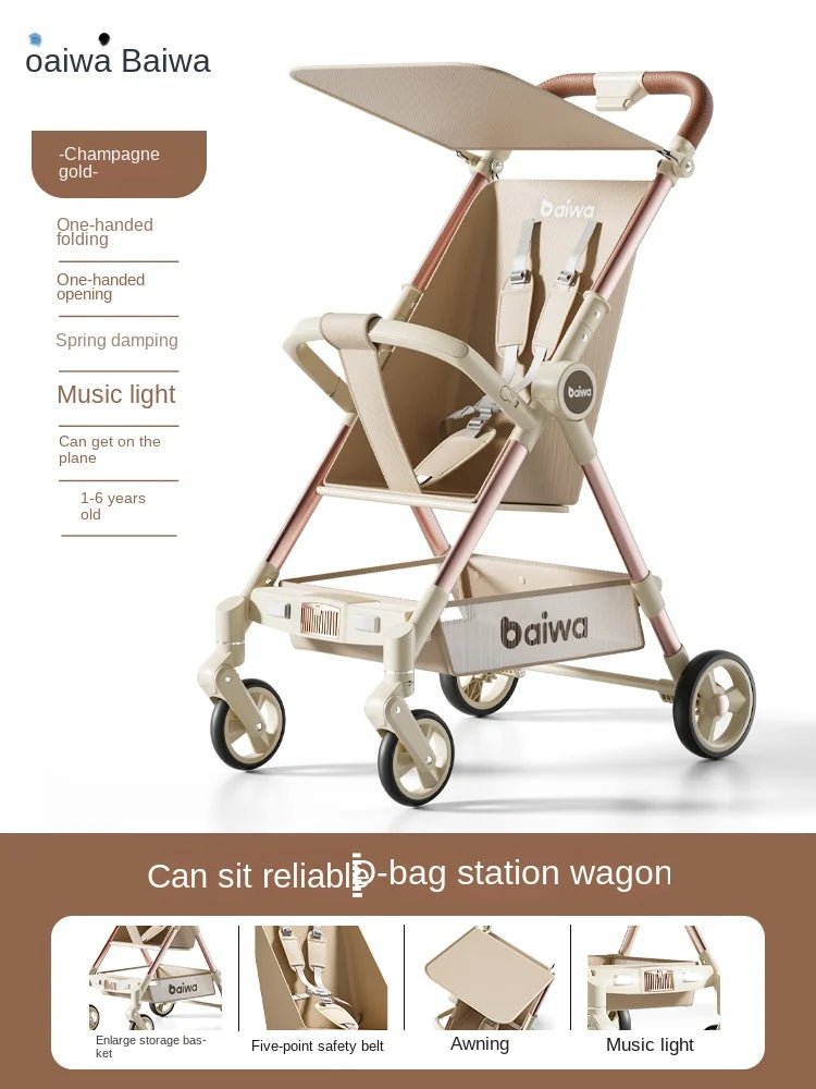 Lightweight Carry - on Stroller One - handed Foldable with Music Light Canopy for Babies Travel Awning Sitting and Lying Stroller - Baby Store