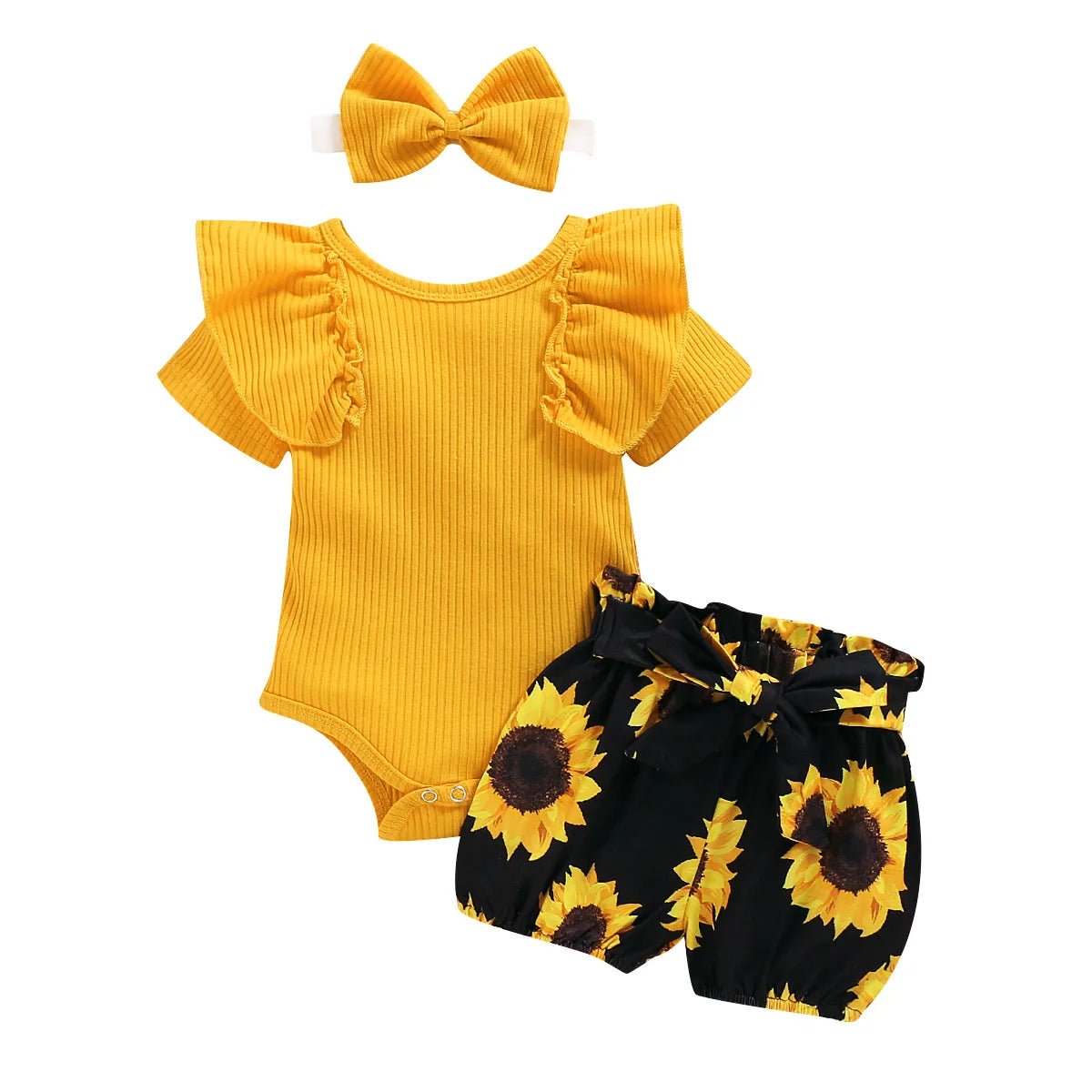 Lioraitiin 0 - 24M Newborn Infant Baby Girl Clothing Set Short Sleeve Yellow Solid Romper Top Sumflower Printed Shorts 3Pcs Outfit - Baby Store