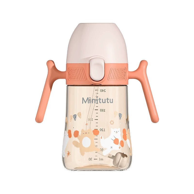 Minitutu Flip Bottle Wide Mouth Import Material Children's Drink Learning Cup Cup with Straw 1 Year Old Baby Drinking Water Drinking Milk