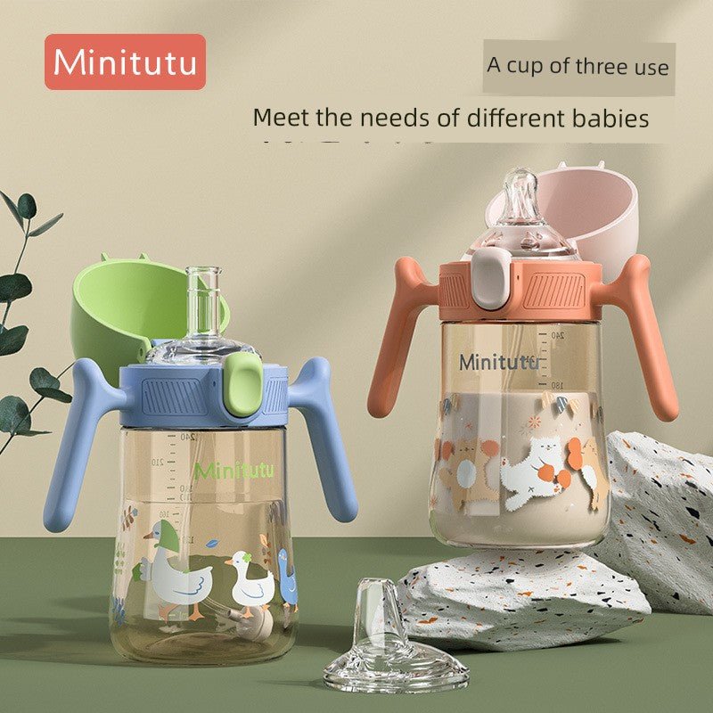 Minitutu Flip Bottle Wide Mouth Import Material Children's Drink Learning Cup Cup with Straw 1 Year Old Baby Drinking Water Drinking Milk