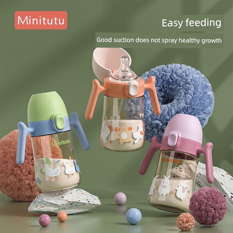 Minitutu Flip Bottle Wide Mouth Import Material Children's Drink Learning Cup Cup with Straw 1 Year Old Baby Drinking Water Drinking Milk