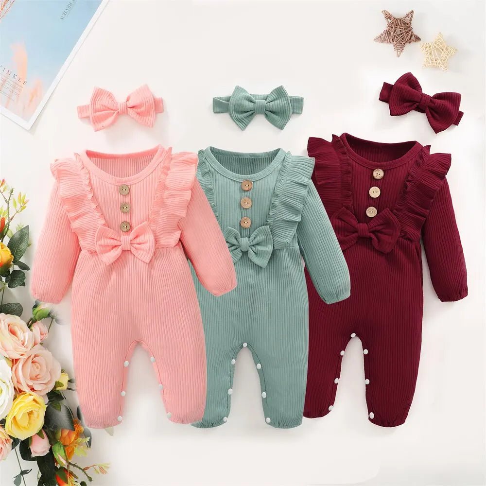 Newborn Baby Girl Romper Long Sleeved Ruffle Bodysuit with Headband Autumn & Winter Onesie Outfit Clothing for Baby 0 - 18 Months - Baby Store