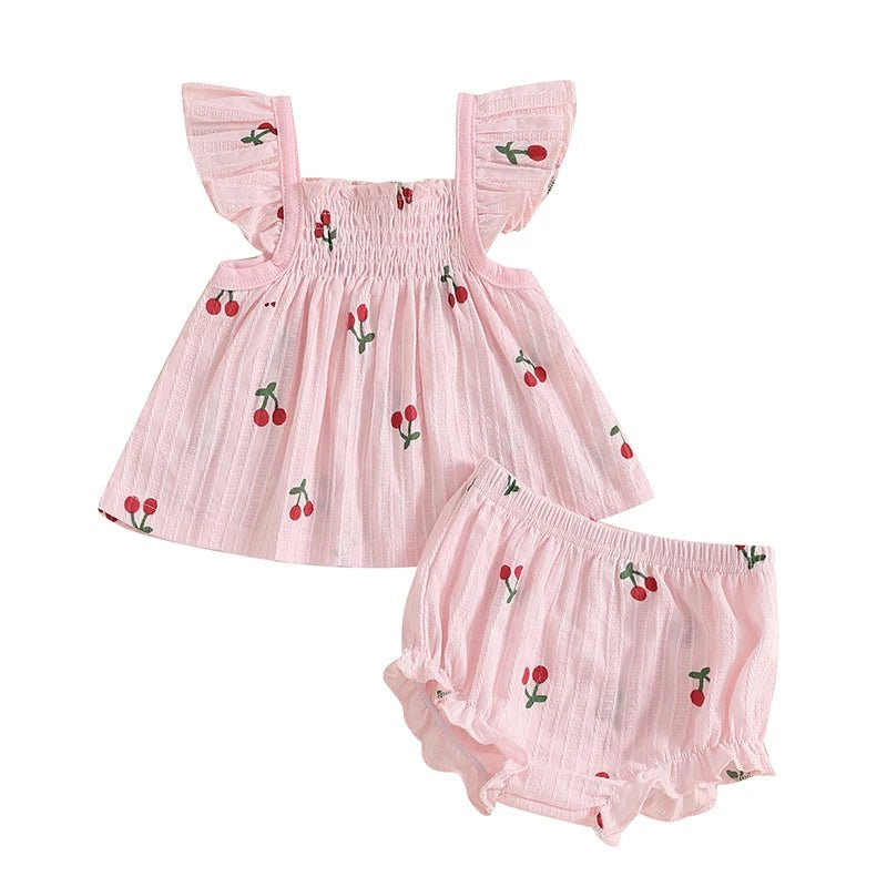 Toddler Baby Girl Outfit Cherry Linen Flying Sleeve Square Neck Tops and Ruffle Shorts Set Infant Summer Clothes 3 - 24M - Baby Store