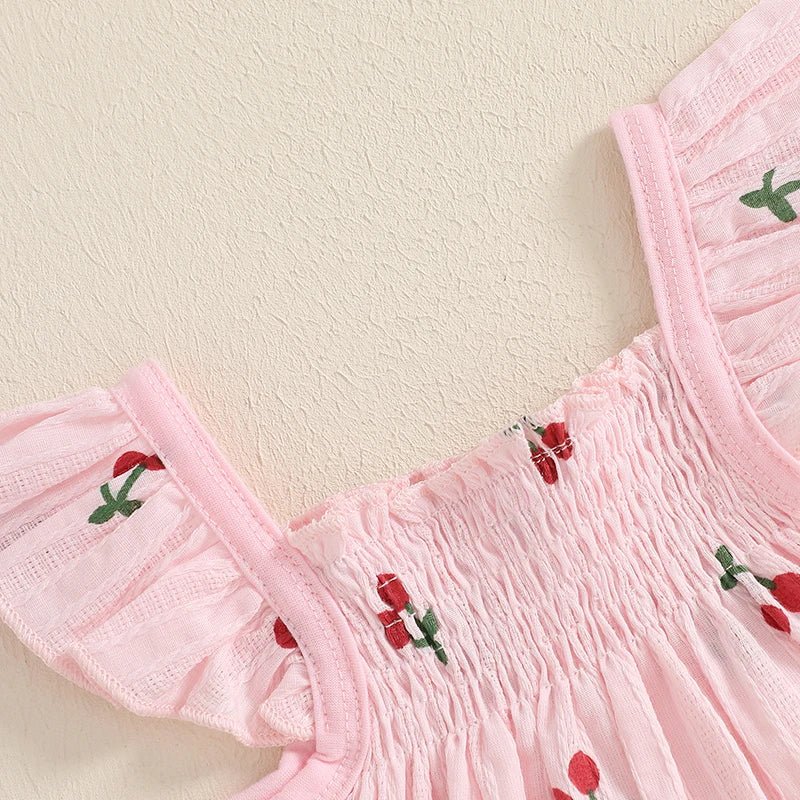 Toddler Baby Girl Outfit Cherry Linen Flying Sleeve Square Neck Tops and Ruffle Shorts Set Infant Summer Clothes 3-24M