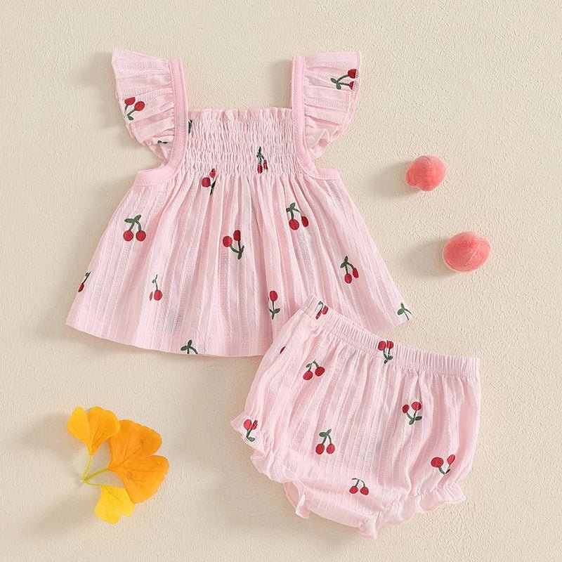 Toddler Baby Girl Outfit Cherry Linen Flying Sleeve Square Neck Tops and Ruffle Shorts Set Infant Summer Clothes 3-24M