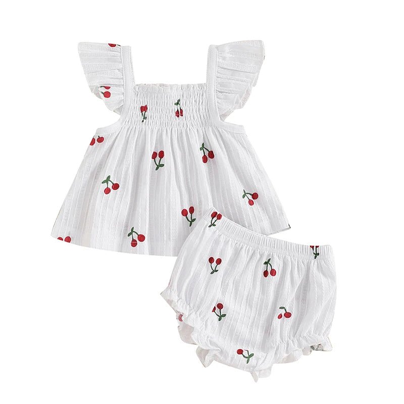Toddler Baby Girl Outfit Cherry Linen Flying Sleeve Square Neck Tops and Ruffle Shorts Set Infant Summer Clothes 3 - 24M - Baby Store