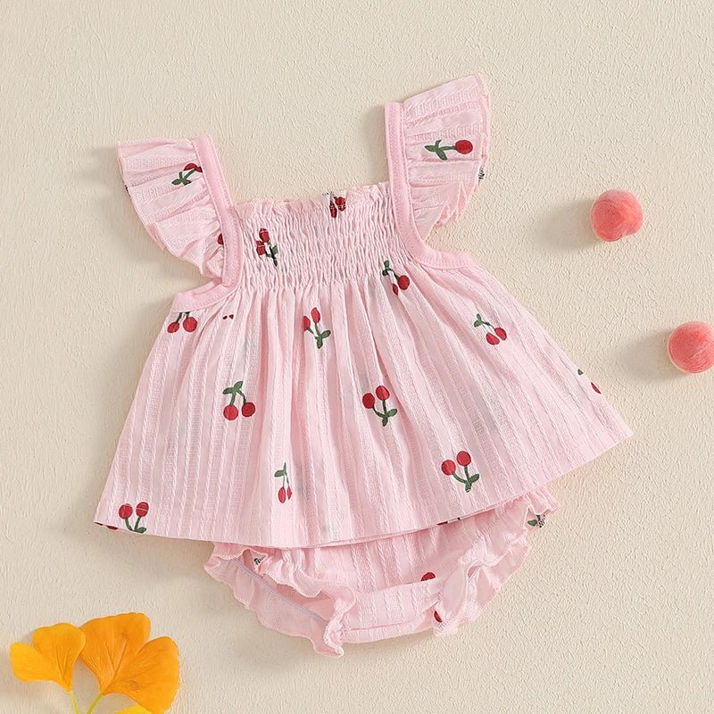 Toddler Baby Girl Outfit Cherry Linen Flying Sleeve Square Neck Tops and Ruffle Shorts Set Infant Summer Clothes 3-24M