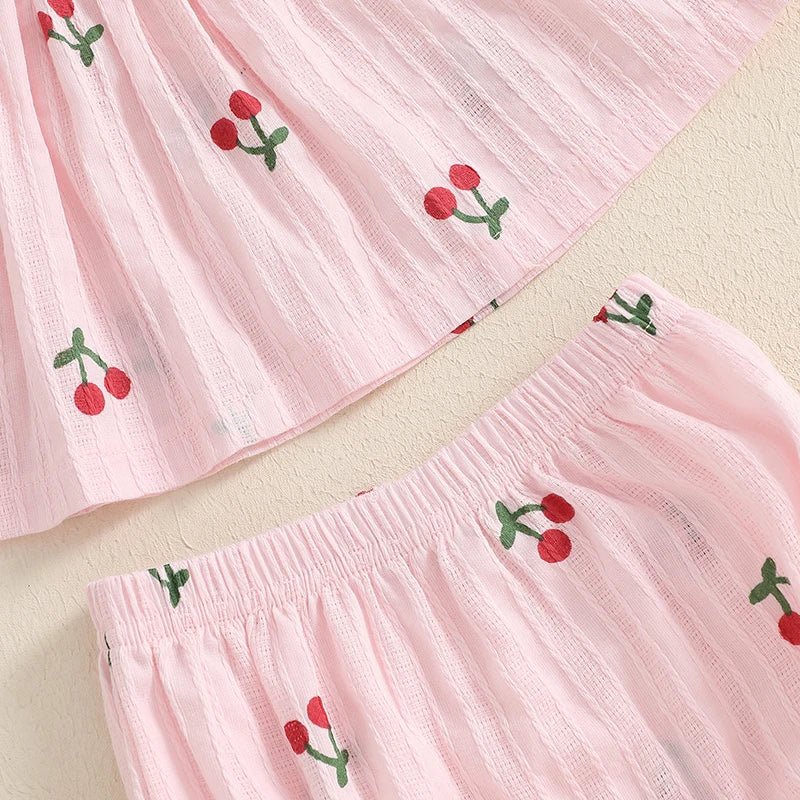 Toddler Baby Girl Outfit Cherry Linen Flying Sleeve Square Neck Tops and Ruffle Shorts Set Infant Summer Clothes 3-24M